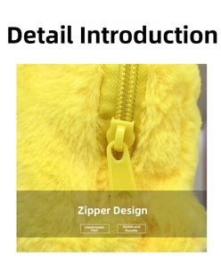 Close-up of yellow plush children backpack showing smooth zipper and soft fabric texture