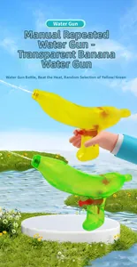 Macro detail of transparent banana-shaped water guns in green and yellow summer style