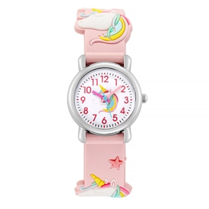 Pink unicorn kids watch with colorful silicone strap and rainbow dial for girls