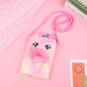 Cute pink plush unicorn crossbody bag for kids with soft embroidery and long strap