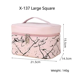 Pink marble PU makeup bag dimensions 21.5x14.5x15.5cm with weight 140g and dual zippers
