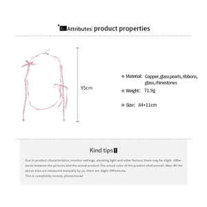 Detailed size and material guide for pink bow pearl necklace with 95cm total length
