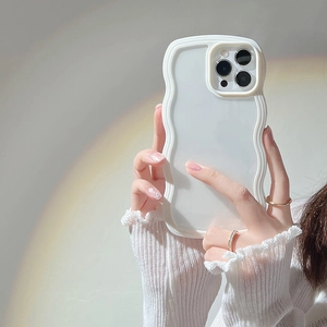 Detail of white wave-edge phone case for iPhone with a soft matte finish and solid color