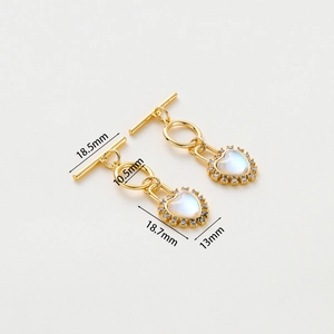 Detailed view of 14k gold-plated heart pendant with moonstone and rhinestones with dimensions