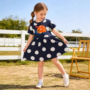Robe Fille Manches Courtes Pur Coton Marine Bleu Pois Blancs Broderie Coccinelle Dessin Animé Été Princesse