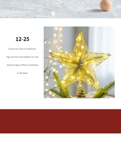Close-up of golden LED star tree topper on green pine branch with dreamy bokeh lights