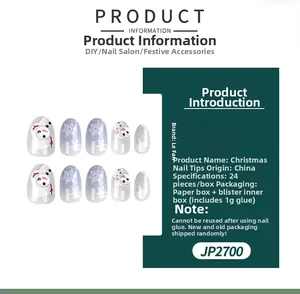 Detailed Christmas press-on nails set featuring snowman and snowflake glitter designs