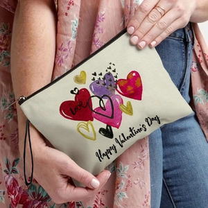 Trousse Maquillage Cœur Saint Valentin Pochette Cosmétique En Lin Fin Avec Fermeture Éclair Et Dragonne Lettres Colorées