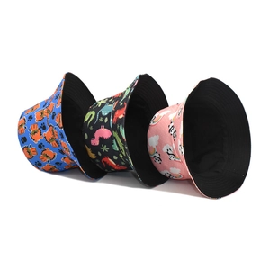 Detailed view of kids cotton bucket hats featuring tiger dinosaur and panda patterns