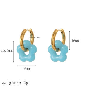 Golden stainless steel hoop earrings with light blue floral pendants and size dimensions