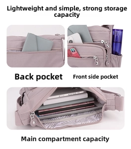 Detail view of purple waterproof nylon bag showing multiple zippered storage compartments