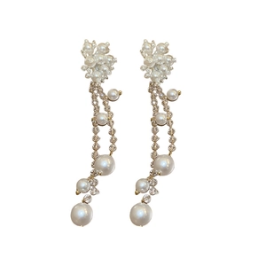 Elegant floral pearl tassel earrings with cascading crystal clusters and silver needles