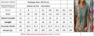 Detailed size guide table for women's printed ethnic T-shirt with measurements in cm