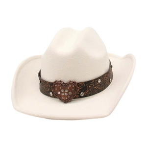 White felt cowboy hat featuring heart buckle leather band and sparkling rhinestone detail