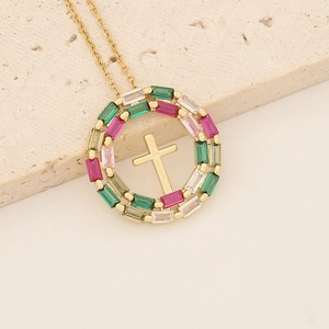 18K gold plated cross pendant necklace with colorful cubic zirconia in circular frame