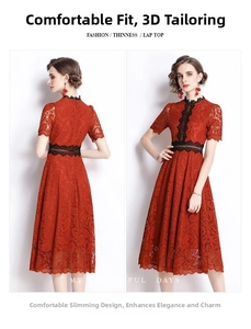 Detailed embroidery and lace mesh design on dark red A-line midi evening dress