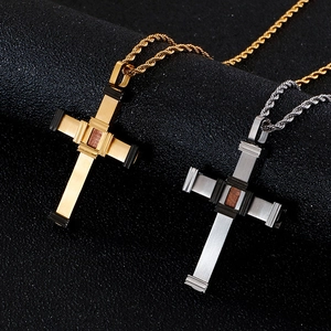 Men Cross Pendant Necklace Stainless Steel Wood Inlay Religious Industrial Style Hip Hop Jewelry