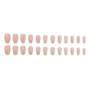 Pink French ballet press-on nails with white wave line patterns and glossy finish