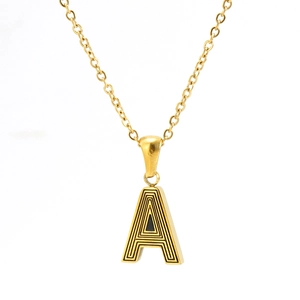 Stainless Steel Initial Necklace 18K Gold Plated Alphabet Pendant Black Stripe Detail Fashion Jewelry Men Women