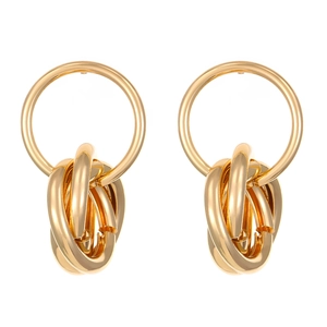 Elegant gold interconnected triple hoop earrings with a polished metallic finish