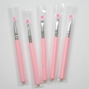 Set of 5 pink silicone lip brushes with silver metal ferrules in individual packaging
