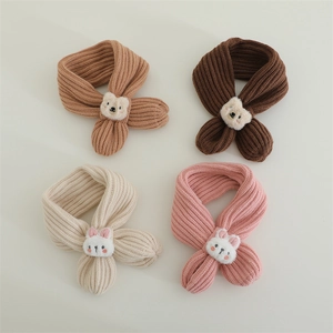 Detailed grid view of knitted baby scarves with plush bear and rabbit animal decorations