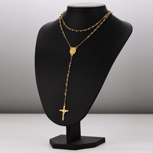 Gold-plated 304 stainless steel rosary necklace with cross pendant on display stand
