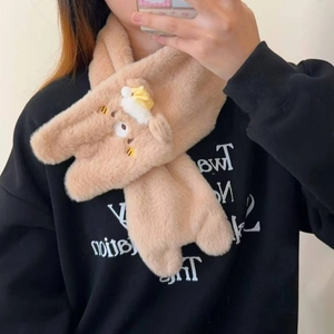 Plush brown winter scarf featuring a cute cartoon bear with 3D details and a soft faux fur finish
