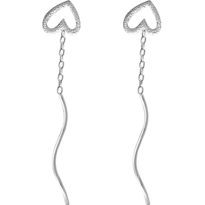 Minimalist silver hollow heart tassel earrings with elegant S-shaped wave line design