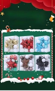 Detail of assorted Christmas ball ornaments with star topper in six color themes
