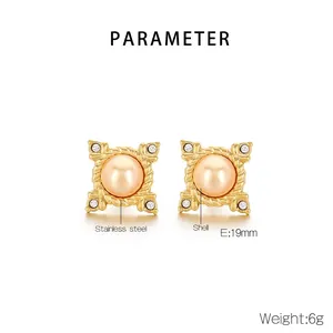 Detail view of 18K gold square baroque earrings with shell pearl and size dimensions