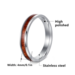 Polished 4mm stainless steel ring with inlaid Hawaiian koa wood for couples