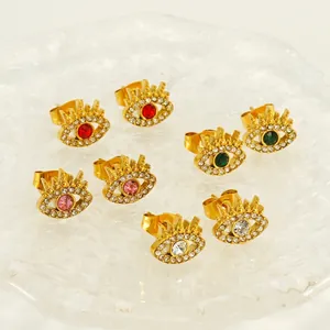 Evil Eye Stud Earrings 18K Gold Plated Stainless Steel Colorful Zircon Crystal Micro Pave Bohemia Style Women Jewelry