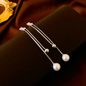 Long tassel pearl earrings with zircon stones and silver snake chain for women