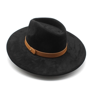 Classic black suede felt jazz fedora with brown leather band and gold stud accent