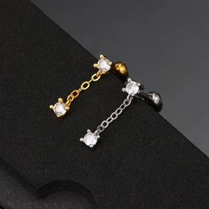 Trendy Cartilage Stud Earrings For Women Copper Zirconia Paperclip Chain Piercing Screw Back Gold Silver Tone Stud Earrings Jewelry