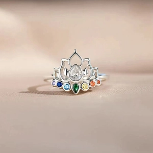 Lotus crown silver ring with drop-shaped zircon and colorful rainbow gemstones