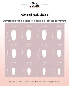 Size chart for almond press-on nails including 24 pieces in 12 different dimensions
