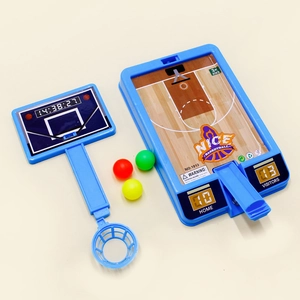 Mini tabletop basketball game for kids with blue base, hoop and three colorful balls