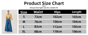 Size chart for women's high waist flared jeans showing waist, hips, and length in cm