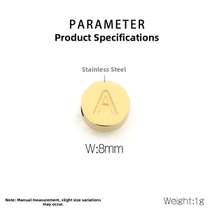 Detail view of 8mm gold stainless steel alphabet bead with letter A for DIY jewelry