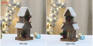 Dual-view detail of illuminated wooden Christmas cabin with snow roof and warm LED lights