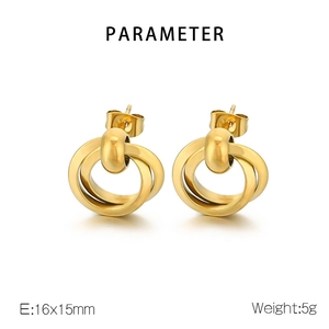 Detailed view of triple-intertwined gold hoop earrings measuring 16x15mm and weighing 5g