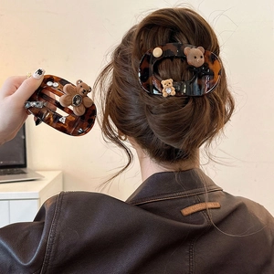 Retro Tortoiseshell Acrylic Hair Clip With Flocked Bear And Rhinestone Bowknot Vintage Duckbill Clip For Women