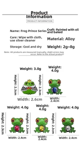 Size chart showing frog prince pins in alloy with detailed weight and dimension specs