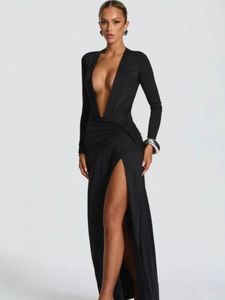 Elegant long sleeve deep V-neck floor-length evening dress with high slit and waist knot