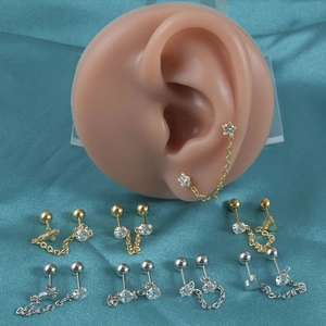 Stainless Steel Chain Earring Double Studs Zircon Heart Star Cross Gothic Punk Style Fashion Body Piercing Jewelry