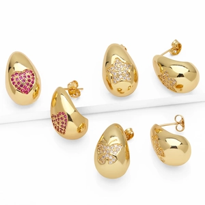 Three-pair gold stud earrings set featuring pink heart, white star, and butterfly zircons