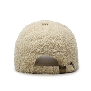 Beige Sherpa baseball cap for winter featuring an adjustable bronze metal back buckle
