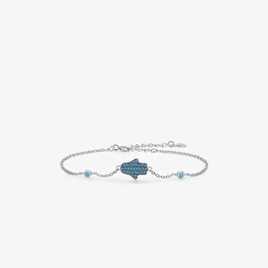 Hamsa Hand Bracelet 925 Sterling Silver Turquoise Blue Stone Bohemian Retro Adjustable Chain Jewelry For Women